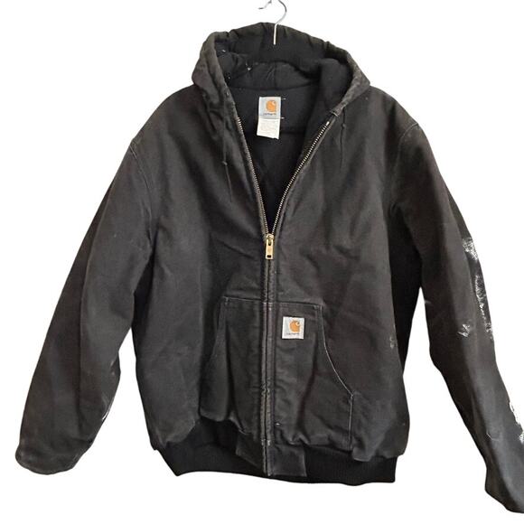 Vtg Carhartt Canvas Hooded Jacket XL TALL Distressed Workwear Paint USA Made - Picture 3 of 15